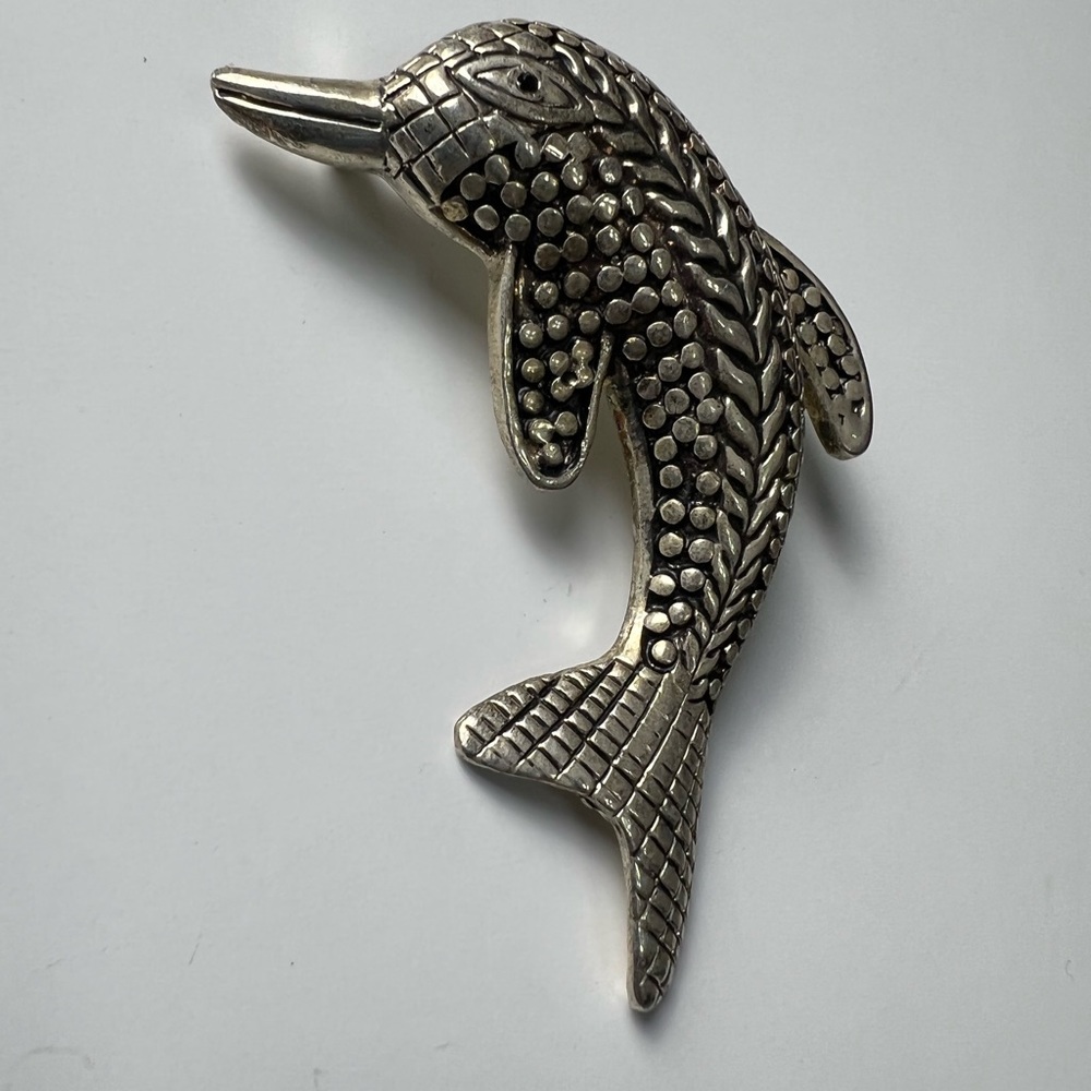 Vintage Pebbled Dolphin 🐬 Silver Tone Brooch